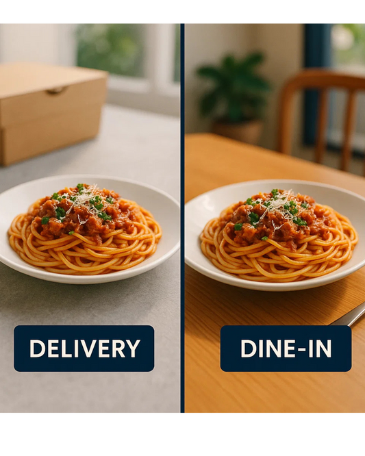 ALT (EN): Split delivery vs dine-in CTA storyboard with the same hero dish — Vista by Lara ALT (AR): لوحة قصة تقارن بين CTA للتوصيل وCTA للأكل داخل المطعم مع نفس الطبق — Vista by Lara