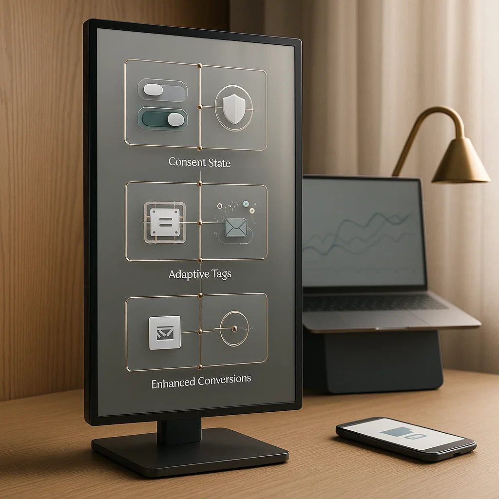 Monitor displaying software interface with laptop and phone on a desk
