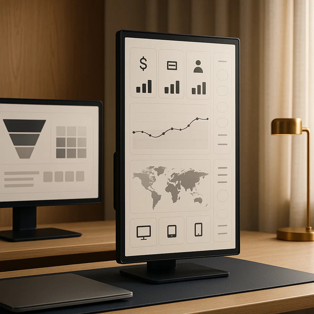 Two computer monitors on a desk with a world map and various icons displayed.