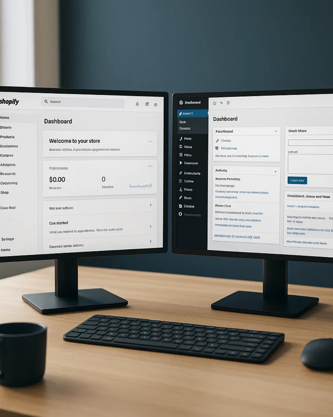 ALT (EN): Shopify vs WordPress dashboards side-by-side on a desk — Vista by Lara ALT (AR): لوحتا تحكم Shopify وWordPress جنبًا إلى جنب على مكتب — Vista by Lara