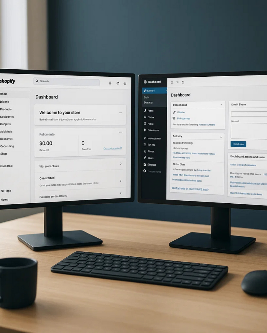 ALT (EN): Shopify vs WordPress dashboards side-by-side on a desk — Vista by Lara ALT (AR): لوحتا تحكم Shopify وWordPress جنبًا إلى جنب على مكتب — Vista by Lara