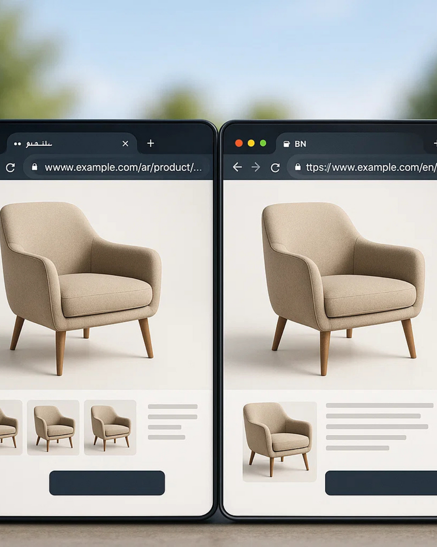 ALT (EN): AR and EN product pages with correct language URLs — Vista by Lara ALT (AR): صفحات منتج بالعربية والإنجليزية مع عناوين URL لغوية صحيحة — Vista by Lara
