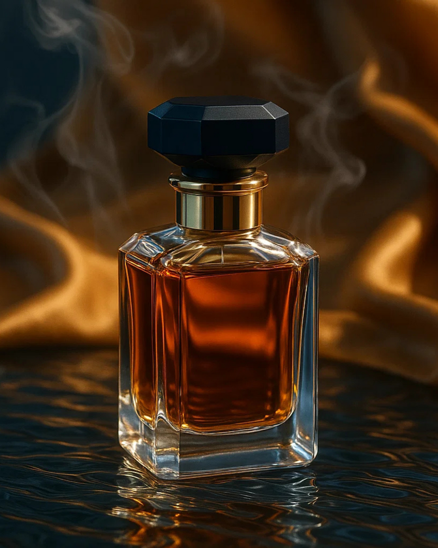 ALT (EN): Oud/amber perfume bottle on ripple glass with silk and soft incense smoke — Vista by Lara ALT (AR): زجاجة عطر عود/عنبر على زجاج مموّج مع حرير ودخان بخور خفيف — Vista by Lara