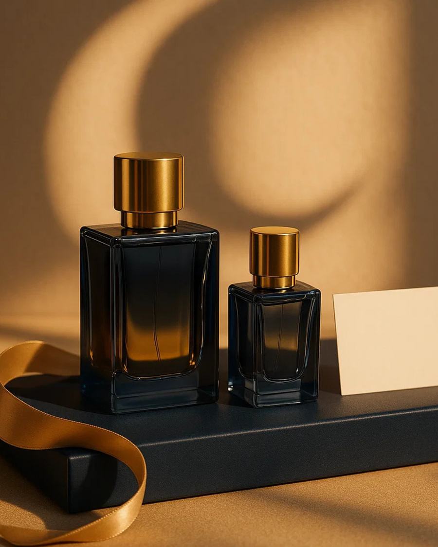ALT (EN): Elegant Ramadan/Eid perfume set with crescent shadow and silk ribbon — Vista by Lara ALT (AR): طقم عطور رمضاني/عيدي أنيق مع ظل هلال وشريط حريري — Vista by Lara