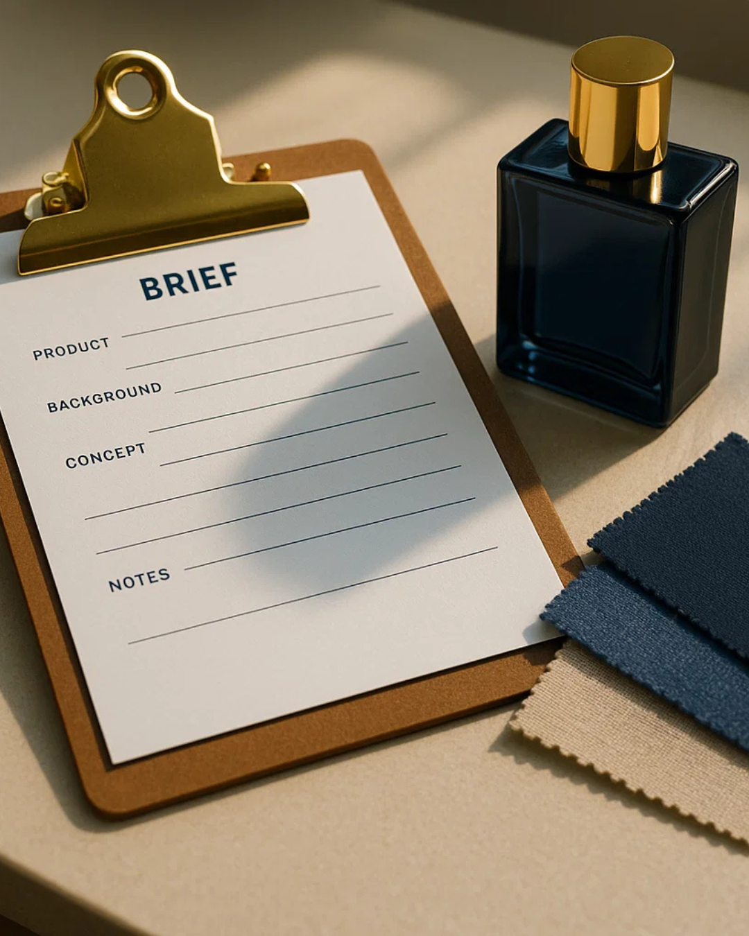ALT (EN): Perfume UGC brief with bottle and fabric swatches on a desk — Vista by Lara ALT (AR): موجز محتوى عطر مع زجاجة وعينات قماش على مكتب — Vista by Lara