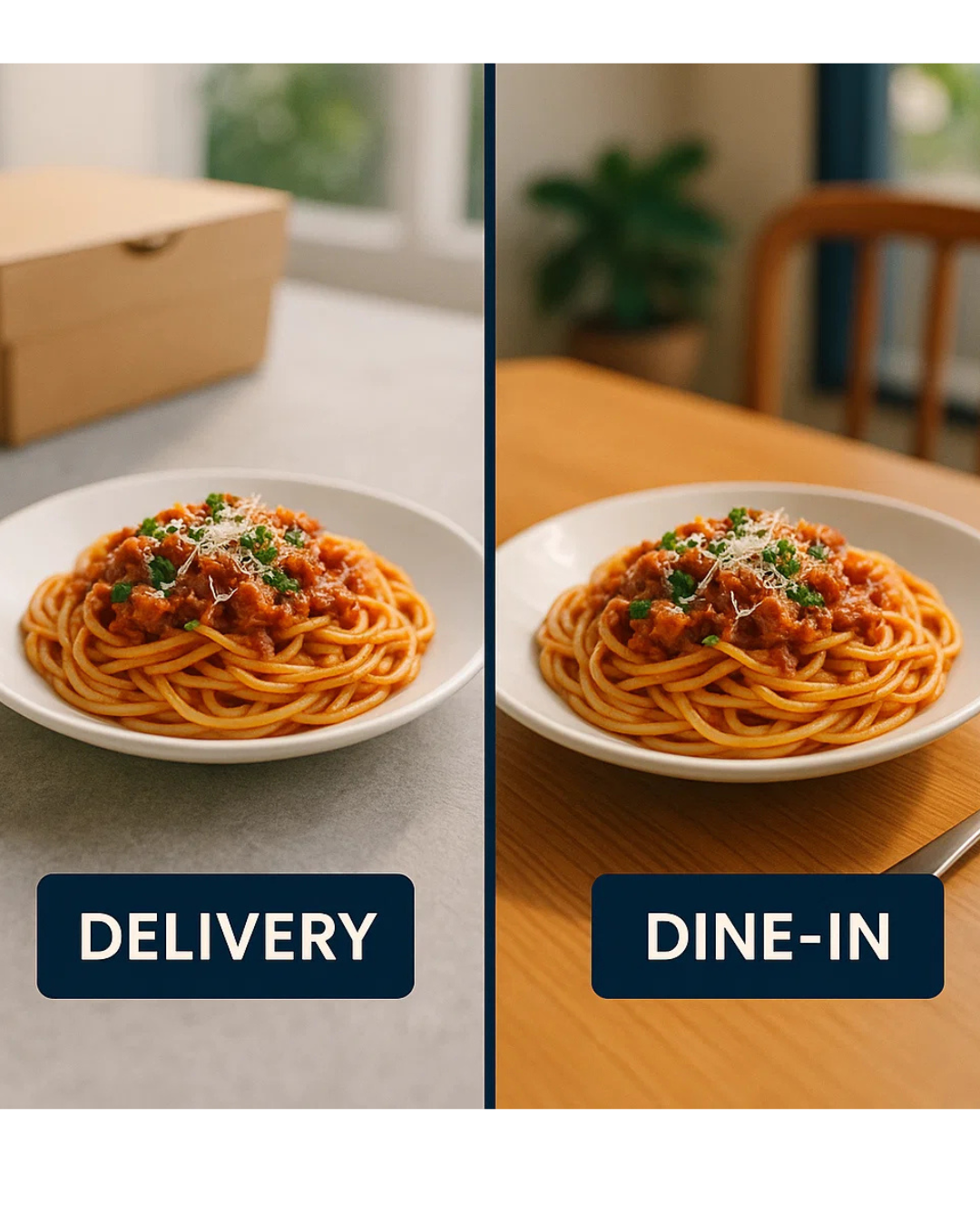 ALT (EN): Split delivery vs dine-in CTA storyboard with the same hero dish — Vista by Lara ALT (AR): لوحة قصة تقارن بين CTA للتوصيل وCTA للأكل داخل المطعم مع نفس الطبق — Vista by Lara