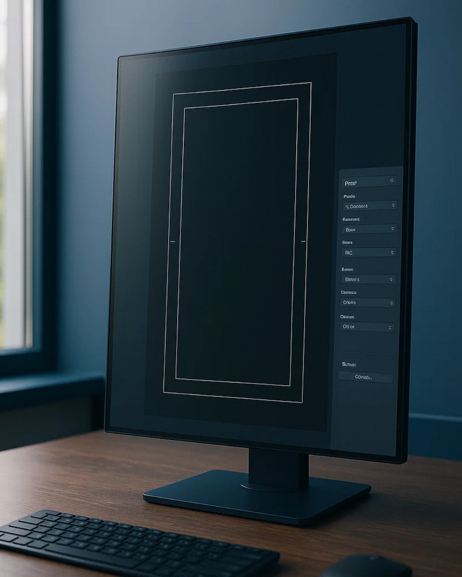 9:16 reel export panel with safe-area guides on a monitor — Vista by Lara