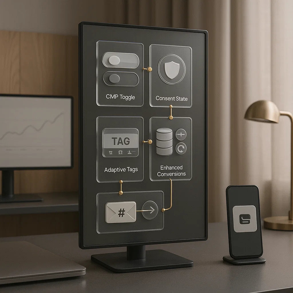 Modern office setup with a digital display showing technical diagrams on a desk.