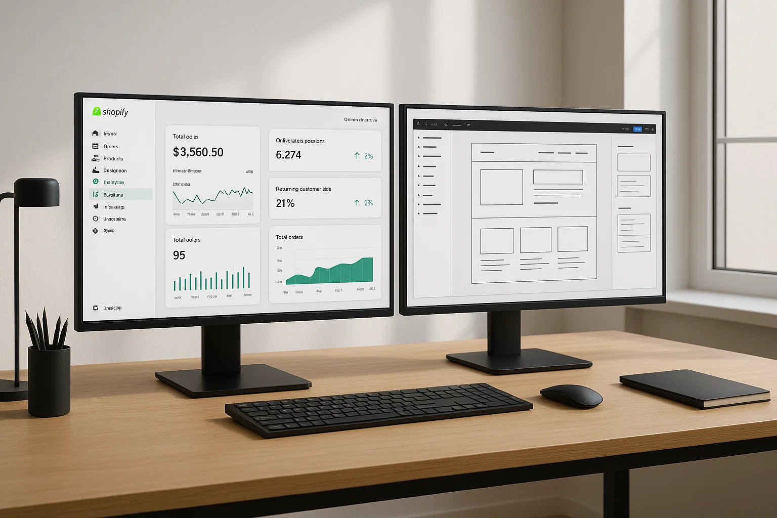 CGI dual-monitor setup with Shopify analytics and design wireframes.