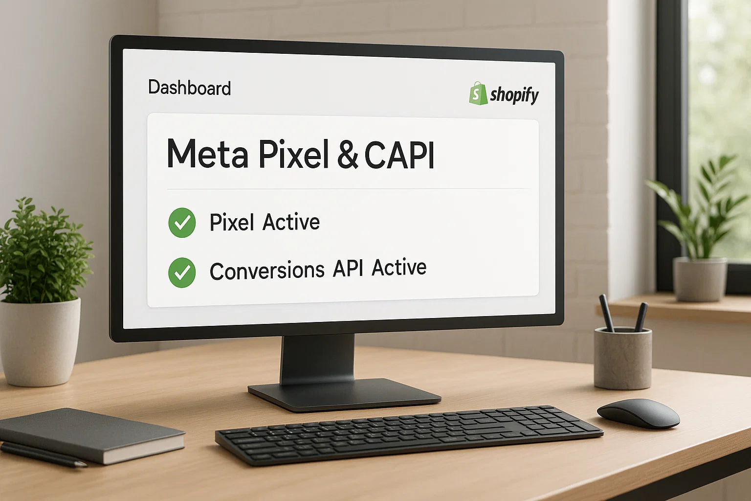 CGI interface showing Meta Pixel & CAPI active on Shopify.