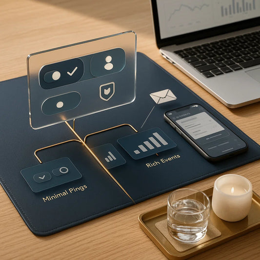 Desk setup with a laptop, phone, and glass of water on a wooden surface.