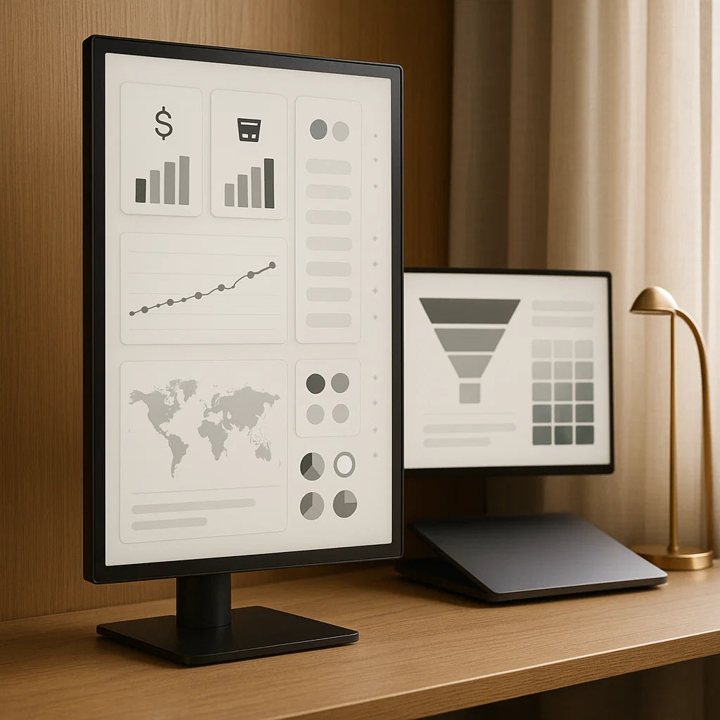 Two computer monitors on a desk with graphs and charts displayed, in a warm-toned room.