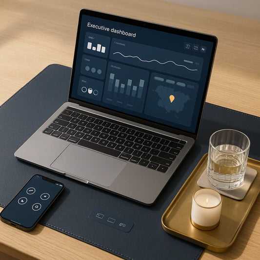 Laptop with executive dashboard on screen, smartphone, glass of water, and candle on a wooden desk.