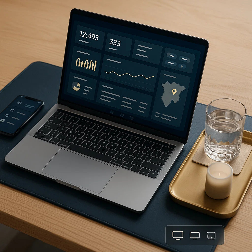 Laptop on a desk with a smartphone, glass of water, and candle
