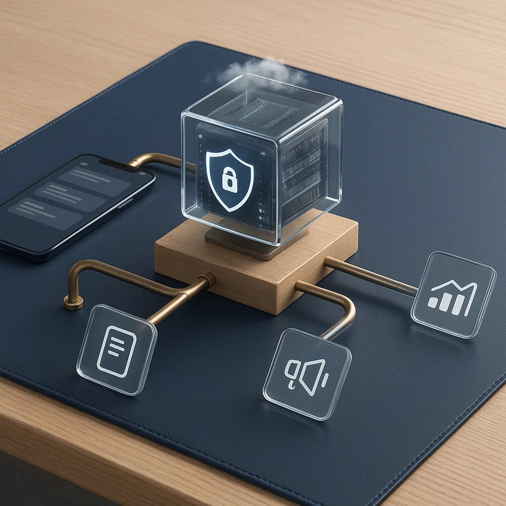 Transparent cube with security icon on a wooden base connected to digital icons on a dark surface.