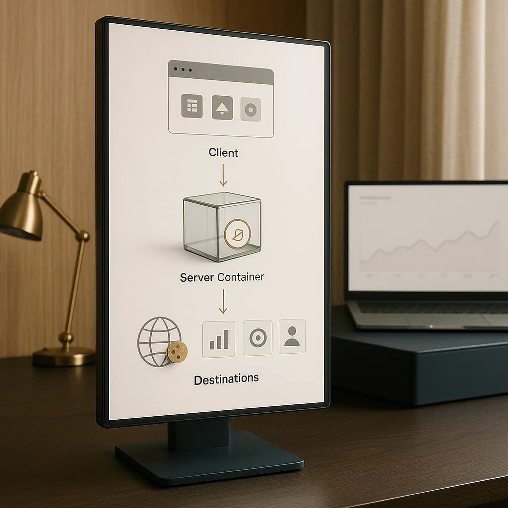 Monitor displaying a diagram of a client-server-container-destinations architecture on a desk with a lamp and laptop.