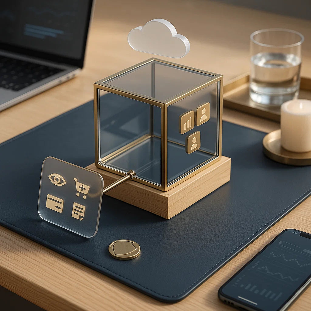 Decorative glass cube on a wooden base with icons on a desk.