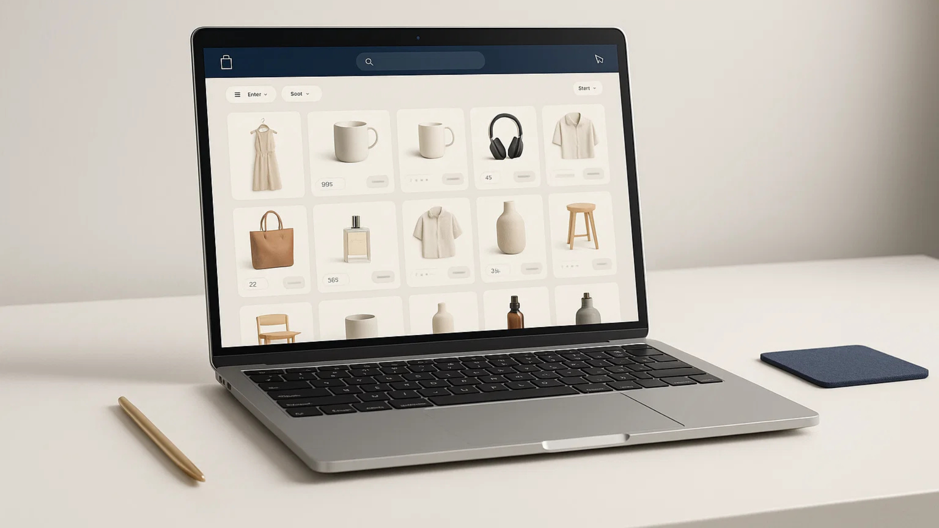 Minimal CGI workspace with laptop showing Shopify storefront for Dubai brand.
