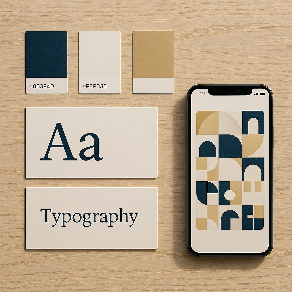 Phone displaying geometric design on a wooden surface with color swatches and 'Typography' text.