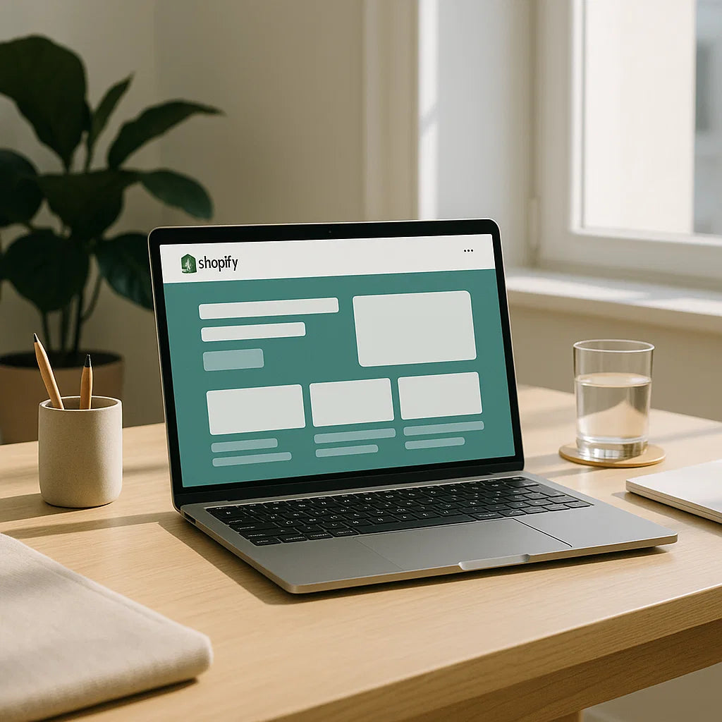 Laptop on a desk displaying the Shopify website with a plant and glass of water in the background.