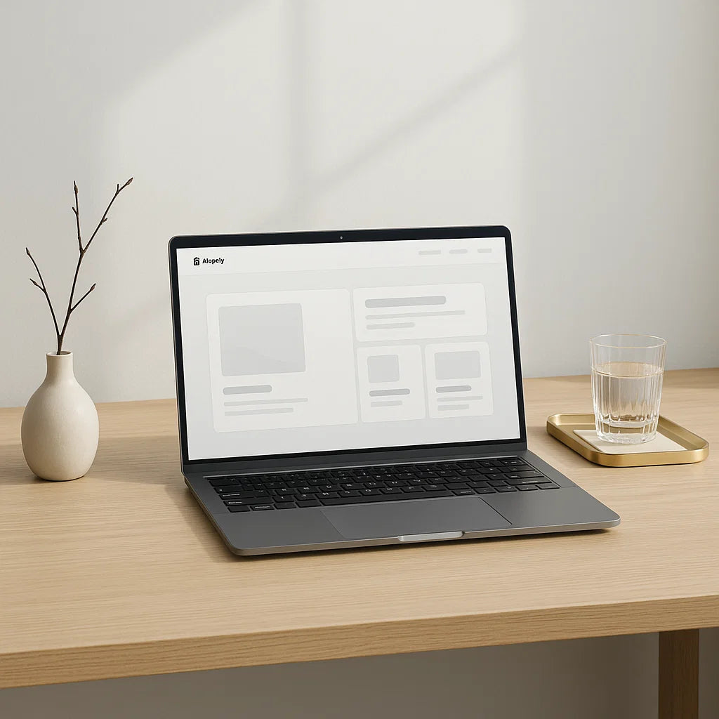 Laptop on a wooden desk with a glass of water and a vase in the background