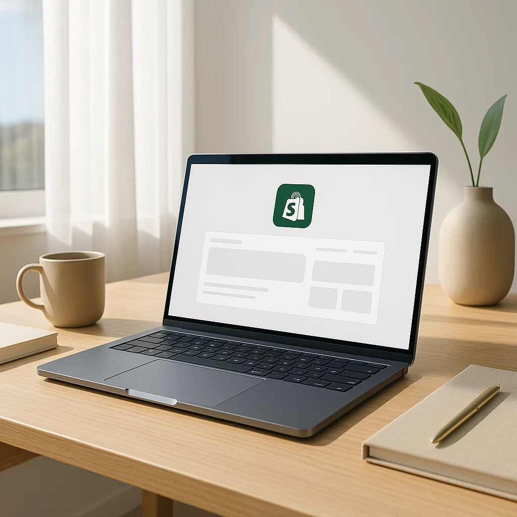 Laptop on a desk with a logo on the screen, surrounded by a cup, notebook, and plant.