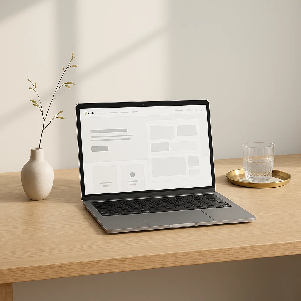 Laptop on a wooden desk with a vase and glass of water
