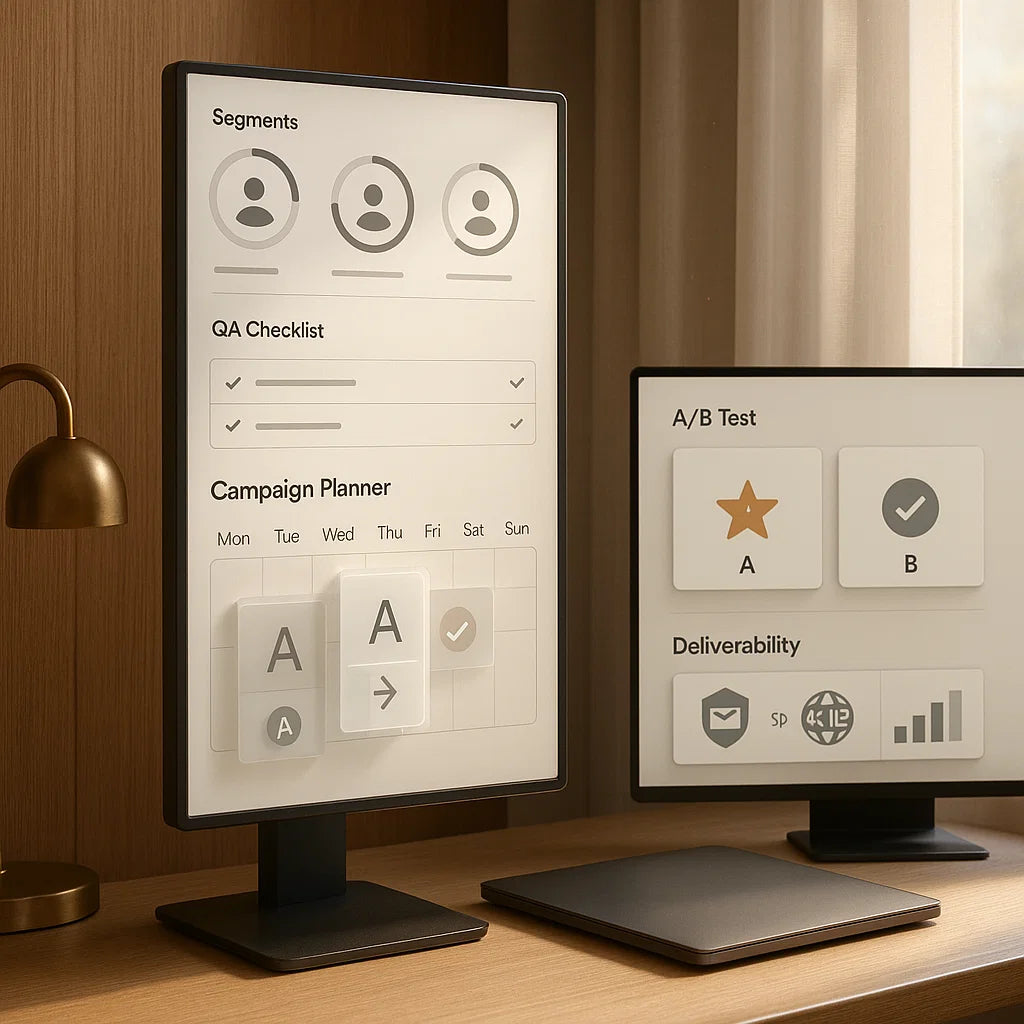 Two computer monitors displaying software interfaces on a desk.