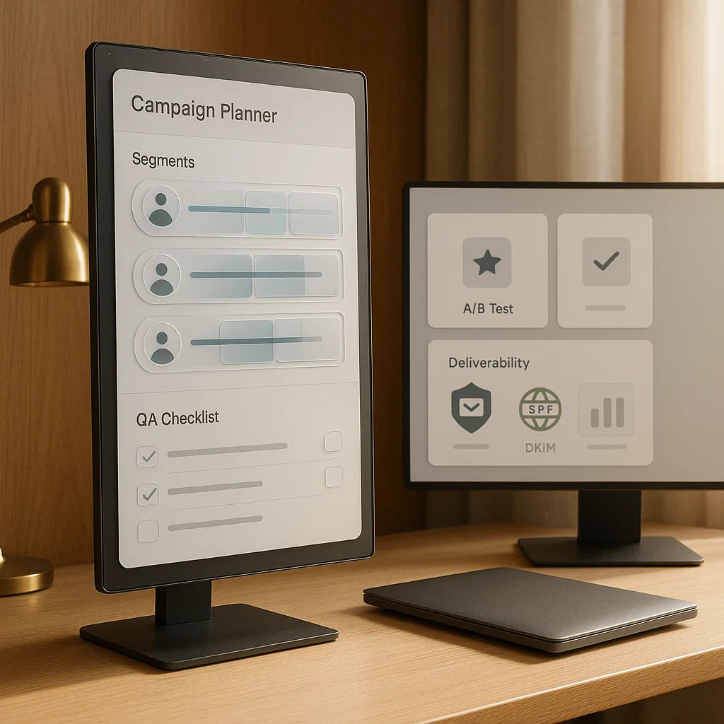 Two computer monitors on a desk with a campaign planner and QA checklist displayed.