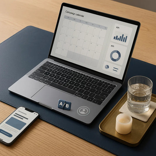 Laptop on a desk with a smartphone, glass of water, and candle